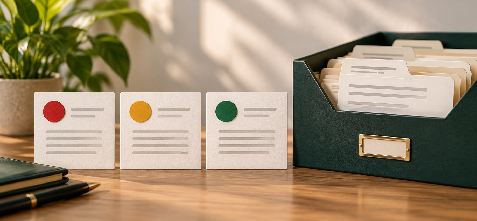 Red, amber and green status cards beside a box of indexed employee record folders